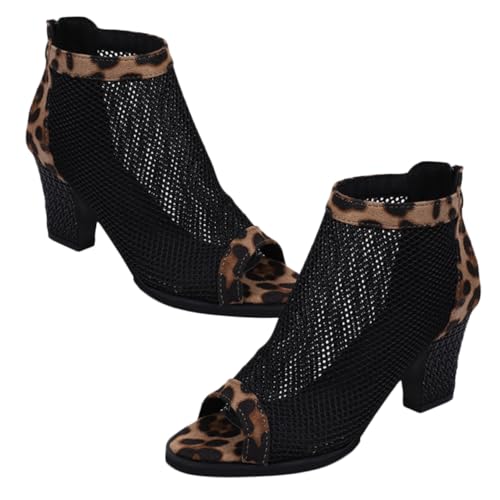CALLARON Damen High Heels Sandalen mit Hohem Klobigem Absatz Netzstoff mit Leopardenmuster Offene Fischmaulspitze Komfortabel für Alltag und Festliche Anlässe Modisch und Langlebig von CALLARON