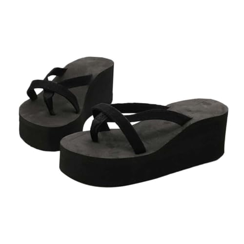 CALLARON Damen Keilabsatz Sandalen Wedge Flops mit Anti rutsch sohle Sommer Strand Pantoletten Leichtgewichtige Slippers für Freizeit und Outdoor in Schwarz von CALLARON