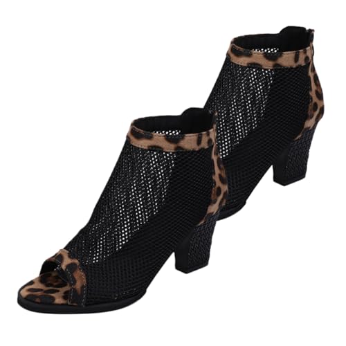 CALLARON Damen Netzstoff High Heel Sandalen mit Grobem Absatz und Fish Mouth Design Leopardmuster Modische und Bequeme Pumps für Kleider und Party Einfach Anzuziehen und Langlebig von CALLARON