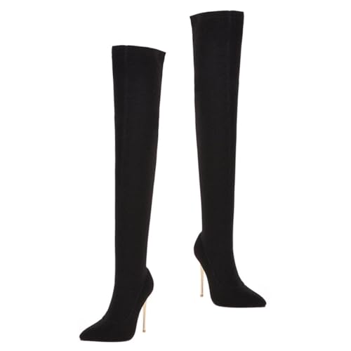 CALLARON Damen Overknee Stiefel mit Dünnem Absatz Kniehohe Langschaftstiefel aus Schwarzem Material Rutschfeste Verschleißfeste Sohle für Herbst und Winter Eleganter Hoher Schaft für von CALLARON
