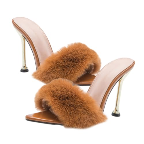 CALLARON Damen Sandalen mit Dünnem Absatz Stylische Leichte Sommer Sandaletten Modische Flauschige High Heels Eleganter Chic für Kaffee Farbton von CALLARON