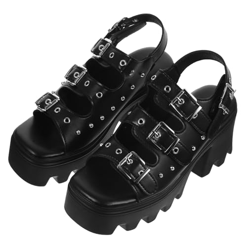CALLARON Damen Sandalen mit Nieten Großer Blockabsatz Römischer Stil Plateau sohle Bequeme Freizeit Party schuhe Schwarz von CALLARON