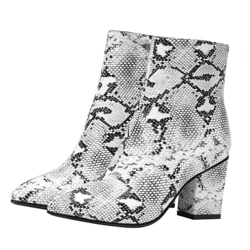 CALLARON Damen Stiefeletten mit Hohem Absatz Stylische Spitze Snake print Boots Rutschfest Leicht und Angenehm Modische Kurzschaft Stiefel für Frauen Weiß von CALLARON