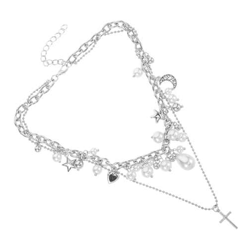 CALLARON Doppellagige Kreuzanhänger Halskette mit Perlen Damen Layered Choker Schmuck Vielseitige Ketten für Brautjungfern und Teens Langlebig und Komfortabel Modisches Accessoire von CALLARON