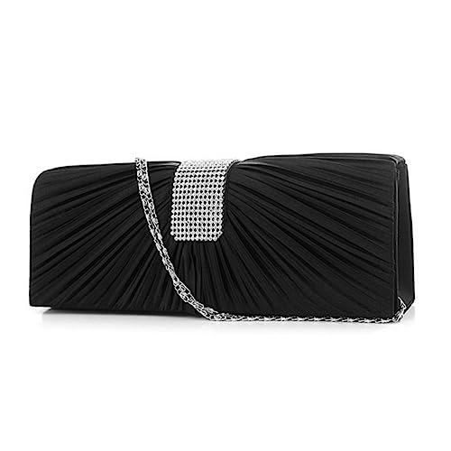 CALLARON Elegante Schwarze Damen Clutch mit Strasssteinen Plissiertem Frontdesign Satinmaterial Vielseitig als Abendtasche Brauttasche oder Umhängetasche mit Abnehmbarer Kette von CALLARON