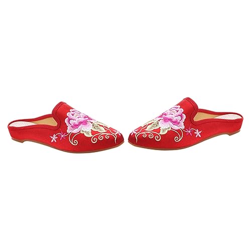 CALLARON Ethnische Bestickte Damen Hausschuhe Spitz Rot Bequeme Modische Pantoletten mit Langlebiger Sohle für Freizeit und Alltag Passend zu Jeans Röcken und Shorts von CALLARON