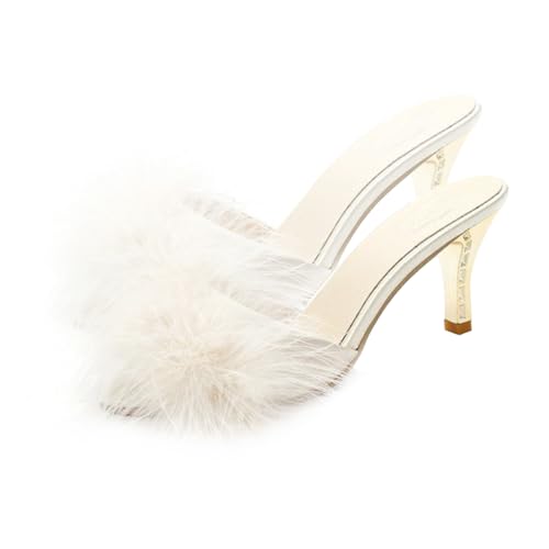 CALLARON Fluffy High Heel Slippers Damen Sommer Hausschuhe Weiß Beige Komfortable Luftige Pantoffeln Mit Weicher Zwischensohle Für Langzeittragen Elegant Und Rutschfest von CALLARON