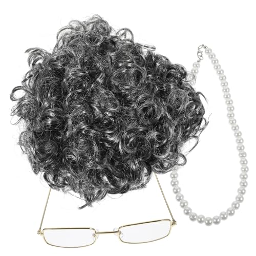 CALLARON Großmutter Cosplay Perücke mit Brille und Kette für Karneval Halloween und Mottopartys und Langlebig für Lange Auftritte von CALLARON