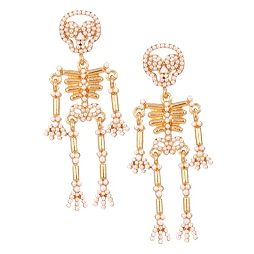 CALLARON Halloween Skelett Ohrstecker Damen Goldfarbene Skull Ohrhänger mit Perlen Schraubbare Rückseite Gotischer Schmuck für Party Alltag und Cosplay von CALLARON