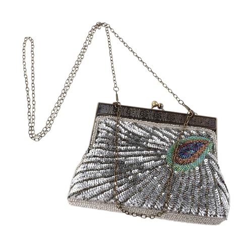 CALLARON Handgefertigte Perlen-clutch mit Pfauendesign Vintage Stil Silberne Abendtasche für Hochzeit Party und Cocktail Elegante Damen Handtasche für Festliche Anlässe von CALLARON