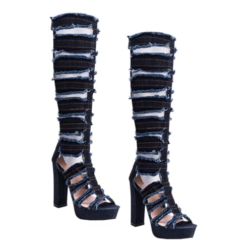 CALLARON High Heel Sandal Damen High Knee Boots mit Blockabsatz Offene Zehen Atmungsaktive Jeansoptik Modische Overknee Stiefel für Damen Vielseitig Kombinierbar Dunkelblau von CALLARON
