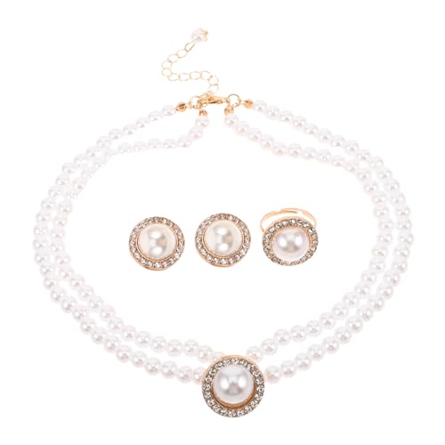CALLARON Klassisches Perlen Schmuckset Damen Vintage Brautschmuck mit Halskette Ohrringen Ring Leichtes Pflegeleichtes Set für Hochzeiten Partys Formelle Anlässe Schmuckkombination von CALLARON