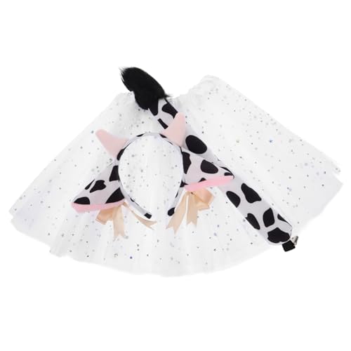 CALLARON Kuh-stirnband Mit Hörnern Und Ohren Tutu-rock Für Mädchen Weißer Tutu-rock Mit Tiermotiven Cartoon-glöckchen-design Für Cosplay Und Kostümparty von CALLARON