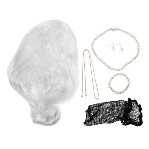 CALLARON Old Lady Wig Set Bunte Perücke Mit Brillenkette Schmuck Für Damen Halloween Kostüm Set Realistisches Seniorin Styling Verstellbar Leicht von CALLARON