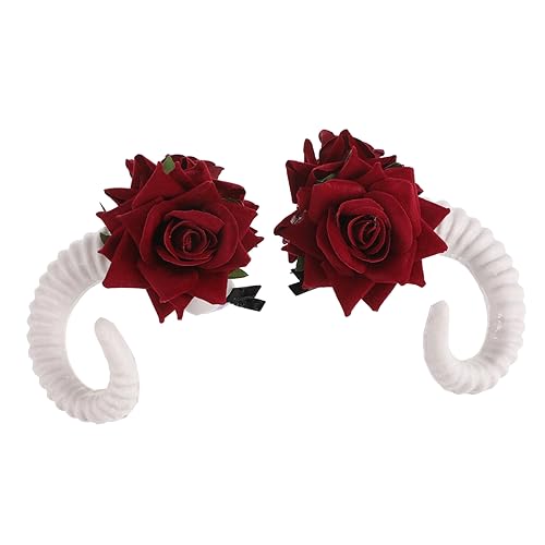 CALLARON Hörner-haarspange Mit Rosenblüte Künstliche Schaf-cosplay-hörner-haarnadel Einzigartiges Schaf-stirnband Für Halloween Cosplay Kostümparty-haar-accessoires von CALLARON