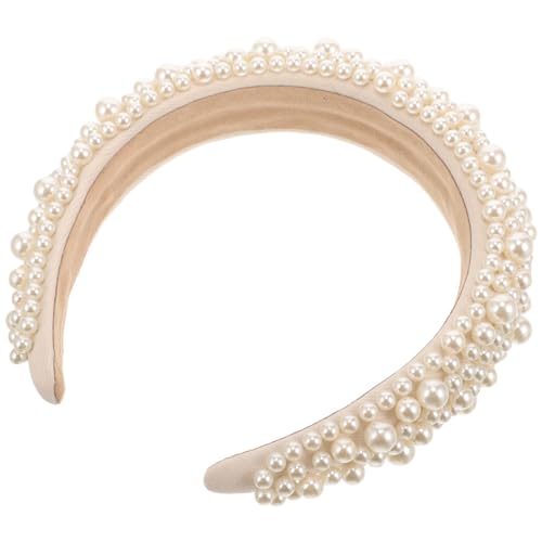 CALLARON Perlen-Stirnbänder Für Frauen Breites Braut-Haarband Modisch Elegant Glitzernde Strasssteine Hochzeits-Kopfschmuck Rutschfest Party-Haar-Accessoires Für Frauen Und Mädchen Beige von CALLARON