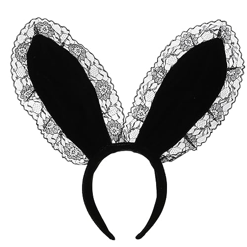 CALLARON Plüsch Kaninchen Ohr Haarreif für Frauen Verstellbares Cosplay Stirnband für Partys Halloween und Kostüme Schwarz mit Spitze von CALLARON
