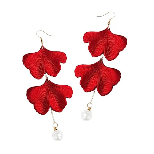 CALLARON Rote Ginkgo Ohrringe mit Perlen Hängende Ohrhänger für Damen Chinesischer Stil Festliche Schmuckstücke für Alltag Party Hochzeit und von CALLARON