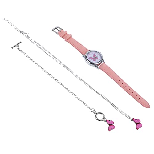 CALLARON Schlichte Rosa Schmetterlings Quarzuhr Set für Mädchen mit PU Armband Eleganter Legierungs Armband und Halskette Hautfreundlich Langlebig Modisch für Alltag und Schule von CALLARON