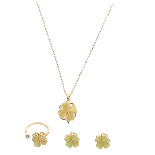 CALLARON Schmuckset Damen Drehbarer Grüner Vierblättriger Kleeblatt Anhänger Halskette Ring Ohrringe Set Hypoallergen Kupfermaterial Schlichtes Design für Alltag und Festtage von CALLARON