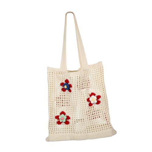 CALLARON Strandtasche Damen Häkeltasche mit Blumendekor Große Kapazität Mesh Umhängetasche Sanddurchlässig Retro Strand Shopper Weiß für Strand Picknick Shopping von CALLARON