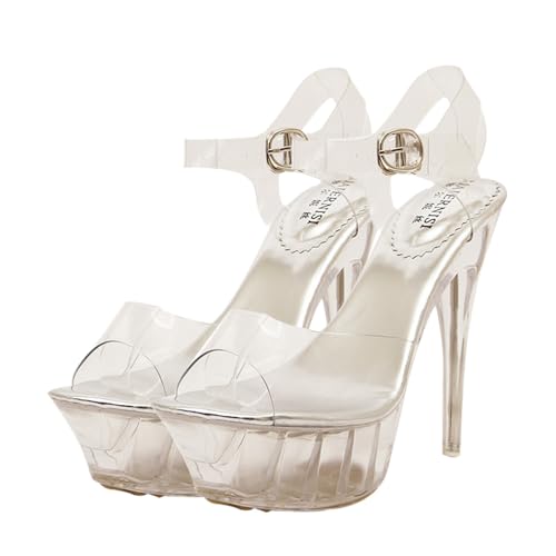 CALLARON Stylische Damen High Heeled Sandaletten Silber Kristallabsatz Sandalen für Partys und Nachtclub Eleganter PVC Materialmix Modisch und Komfortabel von CALLARON