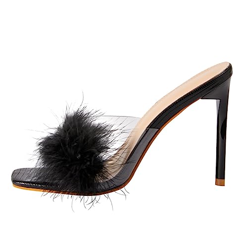 CALLARON Thin Heel Sandal Damen Sandaletten mit Quadratischer Spitze High Heels Sommer Schuhe Bequeme Sohle Flauschige Dekoration Vielseitig Kombinierbar für Freizeit und Alltag Schwarz von CALLARON