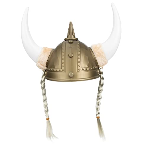 CALLARON Vikingerhut mit Ochsenhörnern Kunststoff Leicht und für Halloween Karneval und Cosplay Events Goldene Zöpfe von CALLARON