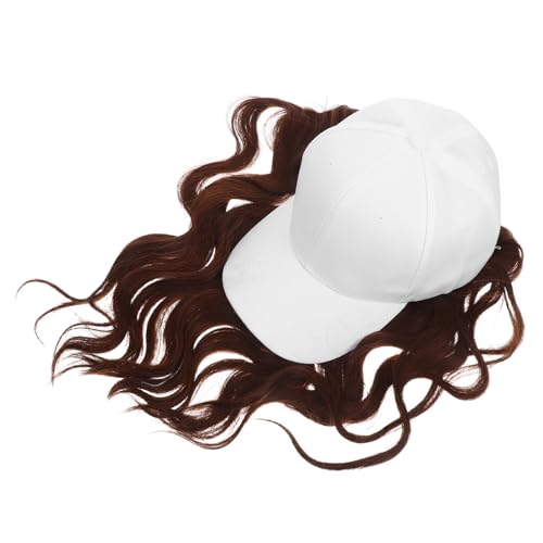 CALLARON Weißer Baseball Cap mit Langem Lockigem Haar Natürlich Aussehende Perücke mit Befestigtem Haar Weiche Synthetikfaser Modischer Damen Hut für Alltag und Outdoor von CALLARON