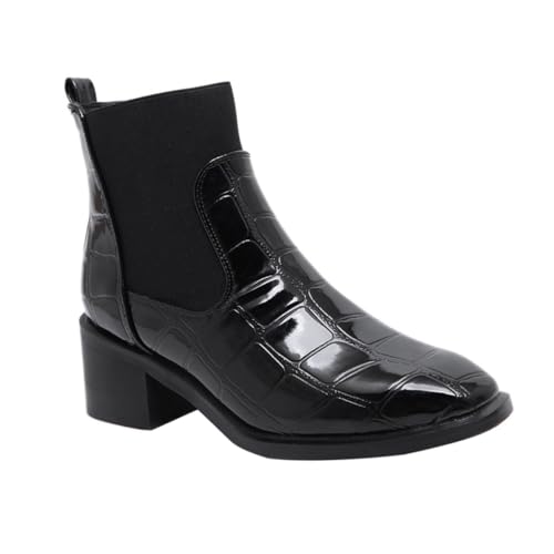 CALLARON Winter Damen Stiefel mit Chunky Absatz Alligator Prägung Kunstleder Komfortable Atmungsaktive Schuhe Rutschfeste Sohle Eleganter Mittelhoher Schaft Schwarz von CALLARON