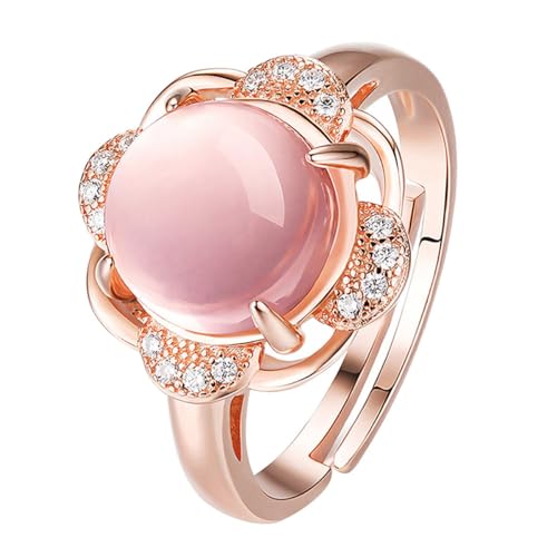 CALLARON vergoldete Ringe klassischer Ring Diamant-Ring Mädchenringe Edelsteinringe Mädchen klingeln Ring aus Roségold Silberringe Ring aus Rosenquarz Hibiskus-Stein Juhu Rosa von CALLARON