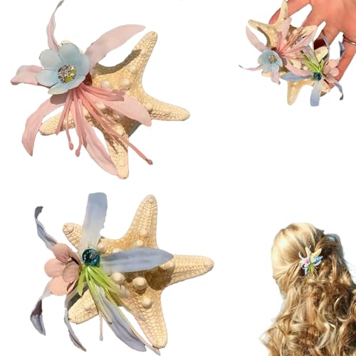 2 Stück Seestern Haarklammer Groß, Haarspangen Damen, Niedliche Blumen Haarklammer für Frauen Mädchen Haarstyling Zubehör, Haarspange Blume, Seestern Haarclips für Dickes & Dünnes Haar(blau-N) von CALLYSONIC