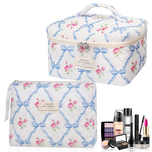 2er Set Kosmetiktasche, Aesthetic Make Up Bag, Kulturtasche Mädchen mit Blumenmuster, Tragbar Reise Kosmetik Tasche Mit ReißVerschluss, Cute Schminktasche Kulturbeutel Set (Blau-V) von CALLYSONIC