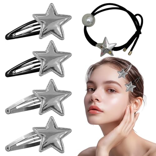 Haarspangen Damen, Y2K Accessoires Set, Stern Haarspangen Silber & Stern Haargummi, Kinder Haarspange, Hair Clip mit Sternverschluss für Kinder, Mädchen und Frauen, 5 Stk (silbrig 1) von CALLYSONIC
