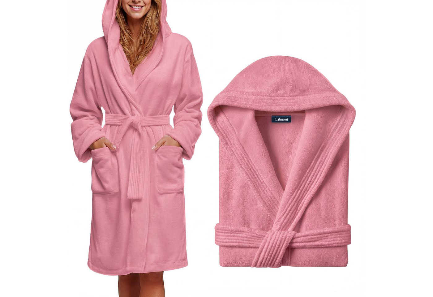 CALMONT Damenbademantel CALMONT - Bademantel Damen aus 100% Baumwolle Frottee mit Kapuze, Kapuze, Gürtel, Kapuze, Große Taschen, Gürtel, Aufhängeschlaufe von CALMONT