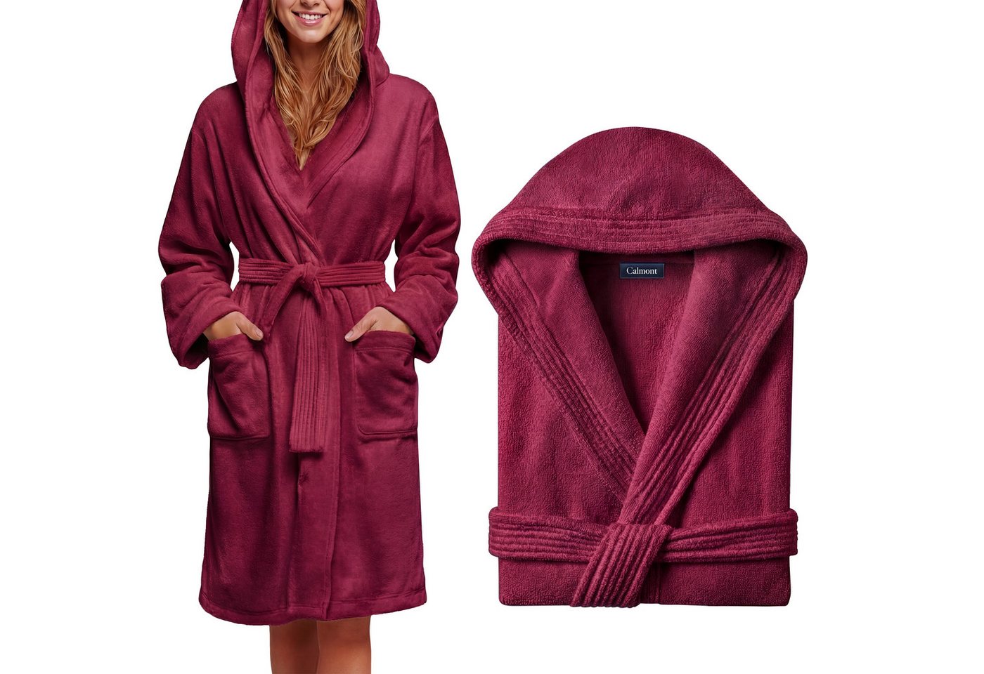 CALMONT Damenbademantel CALMONT - Bademantel Damen aus 100% Baumwolle Frottee mit Kapuze, Kapuze, Gürtel, Kapuze, Große Taschen, Gürtel, Aufhängeschlaufe von CALMONT