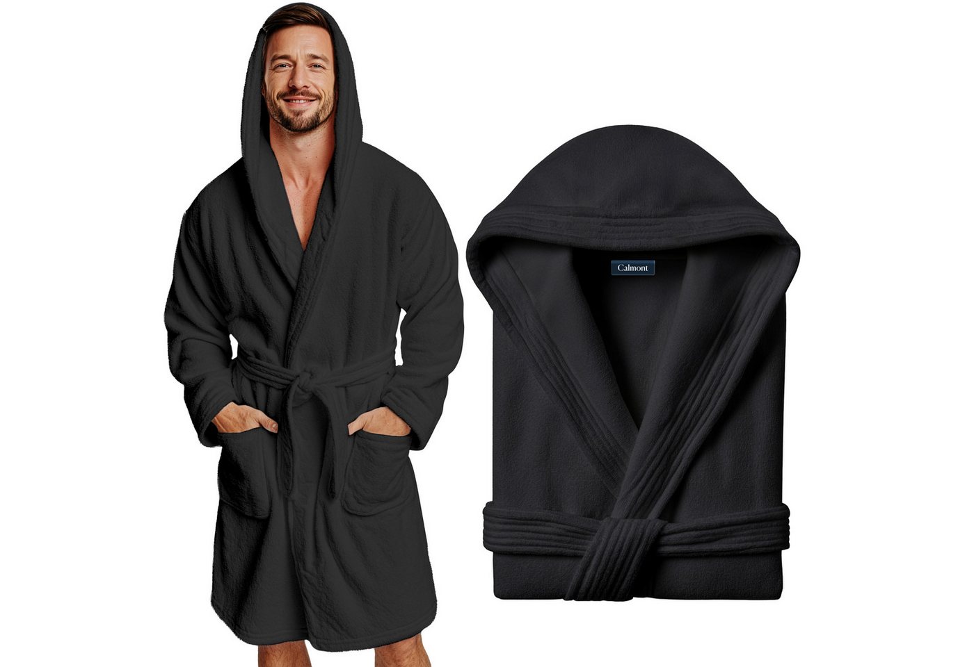 CALMONT Herrenbademantel CALMONT - Bademantel Herren aus 100% Baumwolle Frottee mit Kapuze, Kapuze, Gürtel, Kapuze, Große Taschen, Gürtel, Aufhängeschlaufe von CALMONT