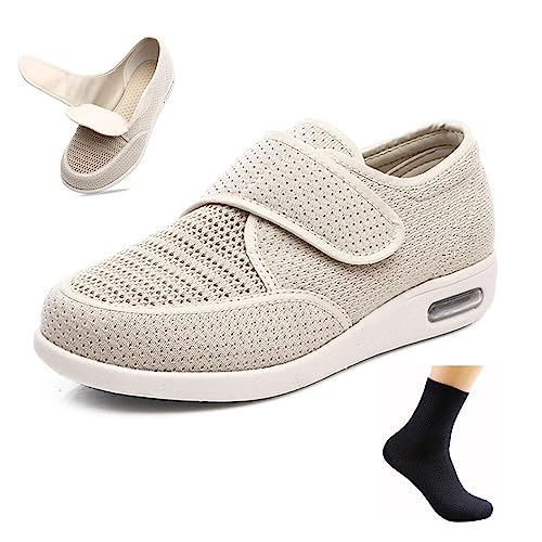 CALMR Diabetiker Ödem Schuhe Schuhe Für Geschwollene Füße Senioren Schuhe Therapieschuhe Gesundheitsschuhe Damen Mesh Atmungsaktiv Walking Sneakers Einfaches An- und Ausziehen,Beige-37 EU von CALMR