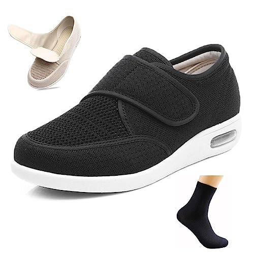 CALMR Diabetiker Ödem Schuhe Schuhe Für Geschwollene Füße Senioren Schuhe Therapieschuhe Gesundheitsschuhe Damen Mesh Atmungsaktiv Walking Sneakers Einfaches An- und Ausziehen,Black-40 EU von CALMR