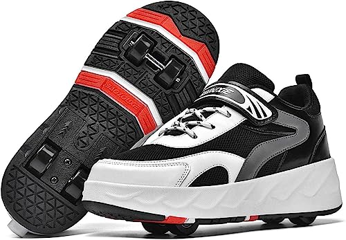 CALMR Schuhe Mit Rollen 2-in-1 Kinderschuhe Rollschuhe Skateboardschuhe Sneakers Junge Mädchen Roller Skates 4-Rad Laufsportschuhe, Verstecktes Hinterrad,Black-36EU von CALMR