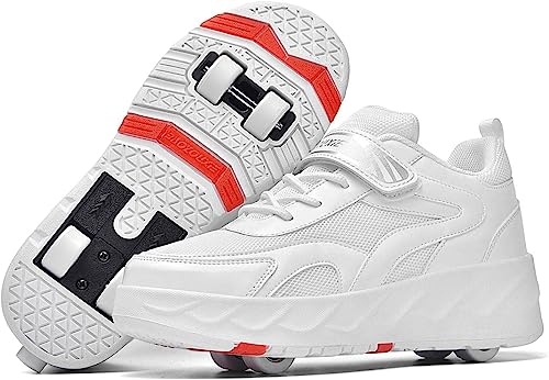 CALMR Schuhe Mit Rollen 2-in-1 Kinderschuhe Rollschuhe Skateboardschuhe Sneakers Junge Mädchen Roller Skates 4-Rad Laufsportschuhe, Verstecktes Hinterrad,White-39EU von CALMR