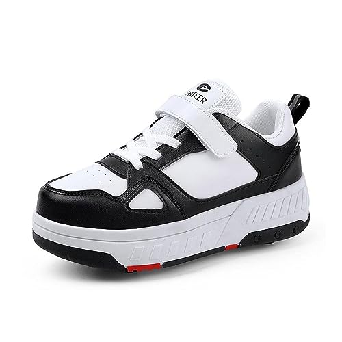 CALMR Schuhe Mit Rollen Versenkbarer Technischer Skateboardschuhe Sport Schuhe Kinder Rollschuhe Outdoor Turnschuhe Jungen und Mädchen 4 Rollschuhe,Black-32EU von CALMR