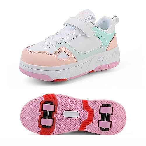 CALMR Schuhe Mit Rollen Versenkbarer Technischer Skateboardschuhe Sport Schuhe Kinder Rollschuhe Outdoor Turnschuhe Jungen und Mädchen 4 Rollschuhe,Pink-33EU von CALMR