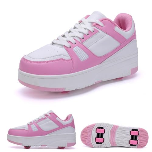 CALMR Schuhe Mit Rollen Versenkbarer Technischer Skateboardschuhe Sport Schuhe Kinder Rollschuhe Outdoor Turnschuhe Jungen und Mädchen 4 Rollschuhe,Pink-34EU von CALMR