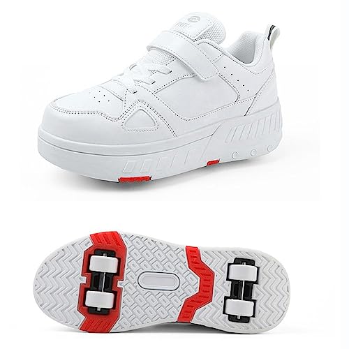 CALMR Schuhe Mit Rollen Versenkbarer Technischer Skateboardschuhe Sport Schuhe Kinder Rollschuhe Outdoor Turnschuhe Jungen und Mädchen 4 Rollschuhe,White-32EU von CALMR