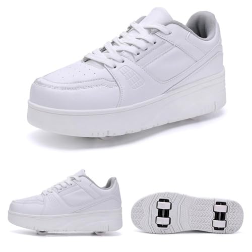 CALMR Schuhe Mit Rollen Versenkbarer Technischer Skateboardschuhe Sport Schuhe Kinder Rollschuhe Outdoor Turnschuhe Jungen und Mädchen 4 Rollschuhe,White-35EU von CALMR