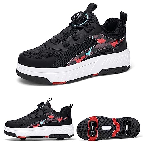 CALMR Schuhe mit 4 Rollen für Mädchen 2 in 1 Multifunktionale Rollschuhe Skateboardschuhe Sneaker Roller Schuhe für Jugendliche Kinder Jungen,Black-34 EU von CALMR