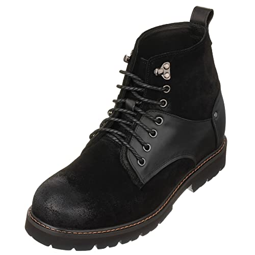 CALTO Herren Unsichtbare Höhe Erhöhung Erhöhung Schuhe Nubuk Distressed Leder Runde Zehen Schnürstiefeletten 3.3 Zoll Taller, schwarz, 42 EU von CALTO