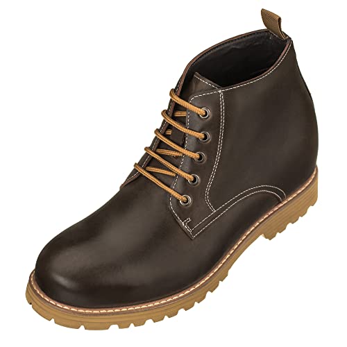 CALTO Herren Unsichtbare Höhenerhöhung Aufzug Schuhe Premium Leder Schnürschuh Runde Zehe Arbeitsstiefel - 8,6 cm größer, braun, 42 1/3 EU von CALTO