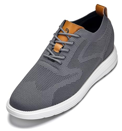CALTO Herren Unsichtbare Höhenerhöhung Aufzug Schuhe - Ultra Leicht Schnürschuh Gestrickt Sportlich Walker - 7,1 cm größer, Eisengrau/Braun, 42 EU von CALTO